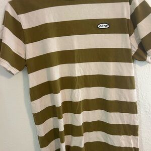Vans Men's Olive and Cream Striped Tee